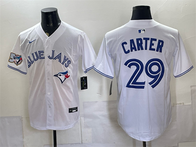 Men's White Toronto Blue Jays #29 Joe Carter 50 Seasons Patch Stitched Baseball Jersey